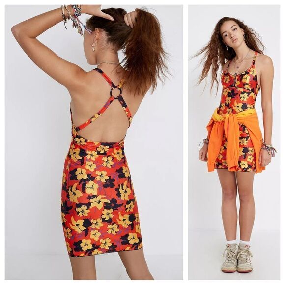 Urban Outfitters Racerback Bodycon Dress Vibrant Hibiscus Floral Bright Small - Picture 1 of 11
